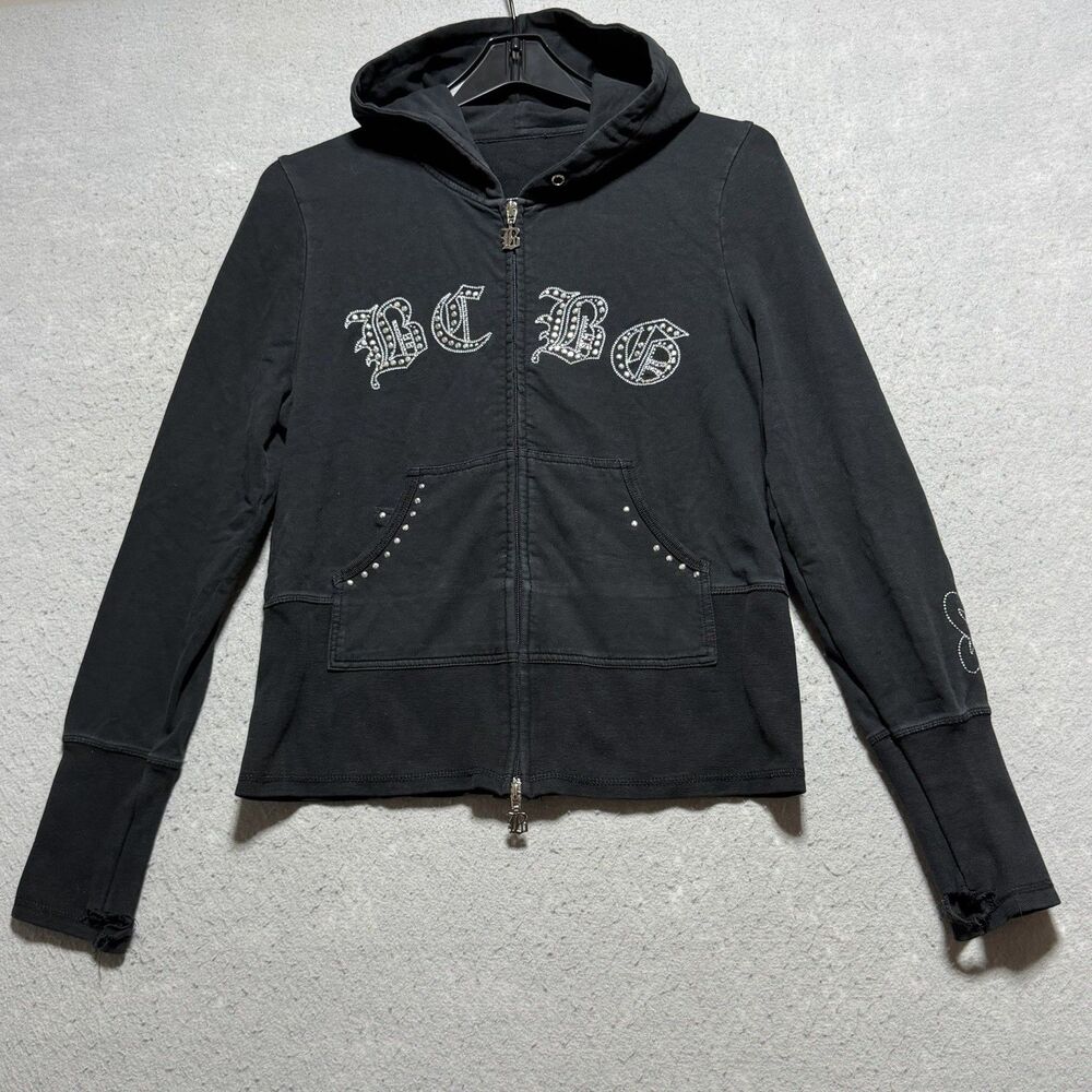 BCBG Max Azria Sweatshirt Womens XL Black Rhinestone Logo Studded Zip Up Hoodie
